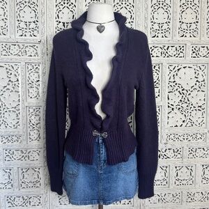 Valerie Bertinelli Wool Angora Purple Eggplant Ruffle Y2K Soft Cardigan Sz M